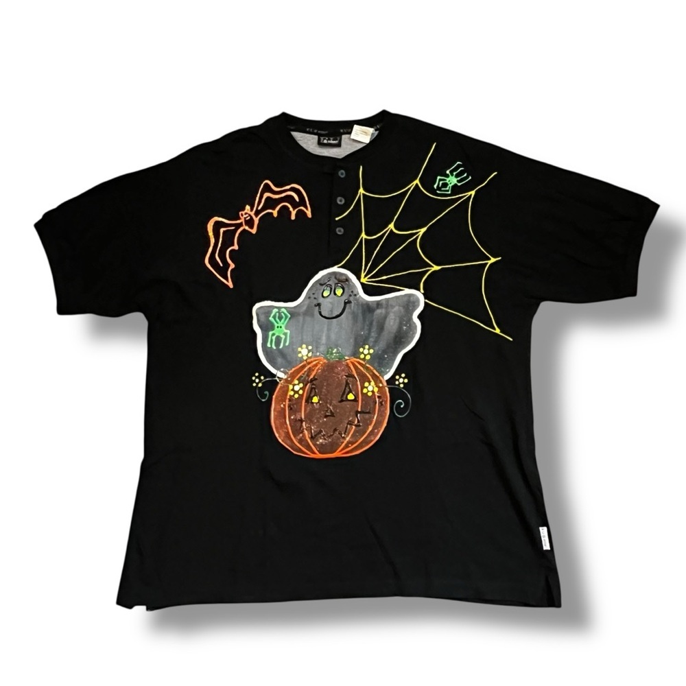 Vintage Halloween Knit Top Puff Paint Ghost Pumpkin Bat Neon Black Henley XL